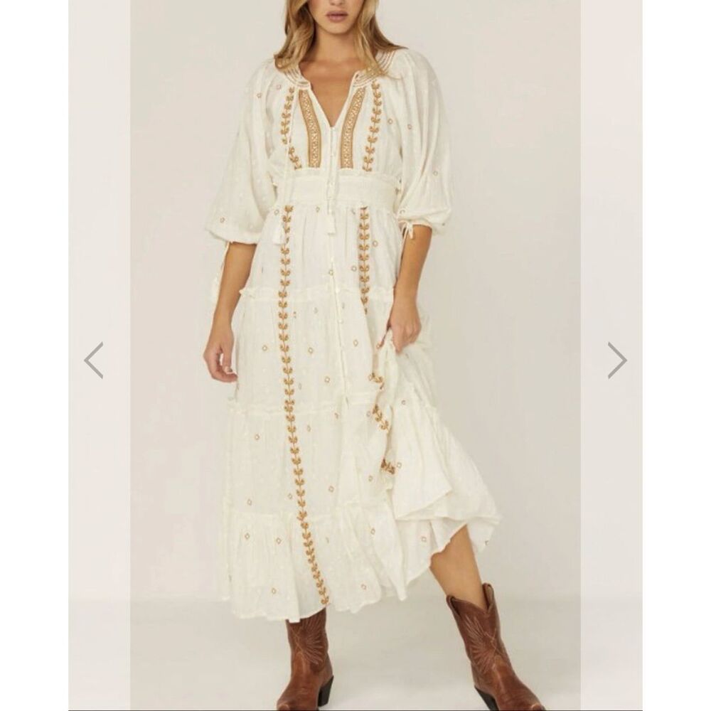 Cleobella Naya Embroidered Boho Maxi Dress Ivory Cotton Medium NWOT